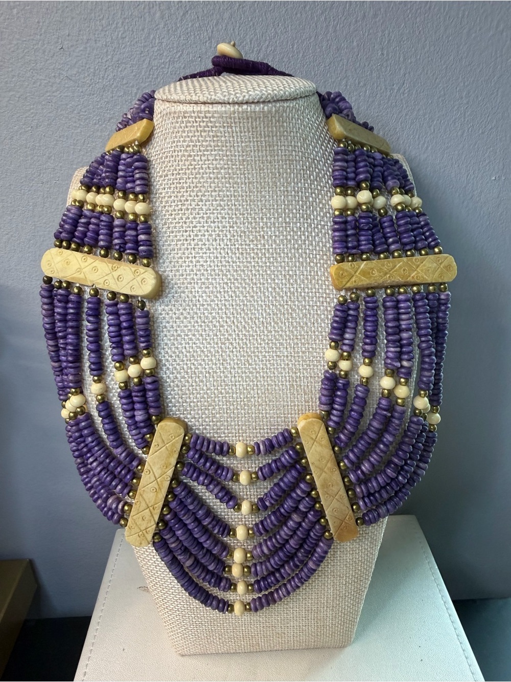 Handcrafted Purple Multi-Strand Beaded Statement Necklace with Gold Accents